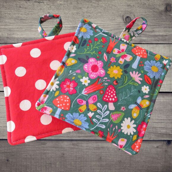 Handmade Other - Potholders, Set of 2, Reversible Mushrooms and Red and White Polka Dot Hot Pads